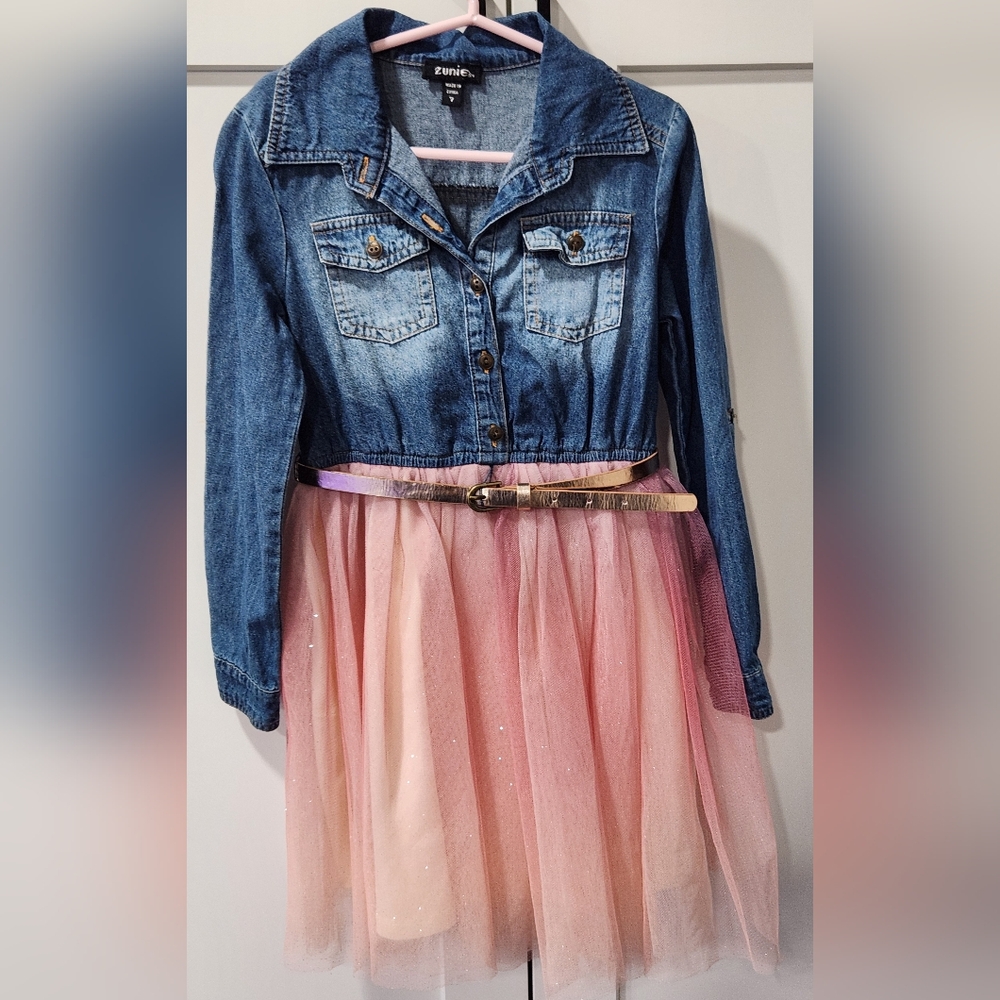Zunie Denim and Pink Tutu Dress with Collar
